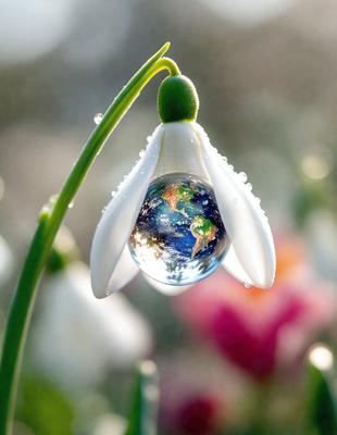 The primary subject of the image is a white flower with a drop of water hanging from it. The setting is a garden, with the flower surrounded by other flowers. The visual style is a close-up of the flower, showcasing its details. The colors and mood of the image are serene and natural, with the white flower and water drop creating a peaceful and calming atmosphere.